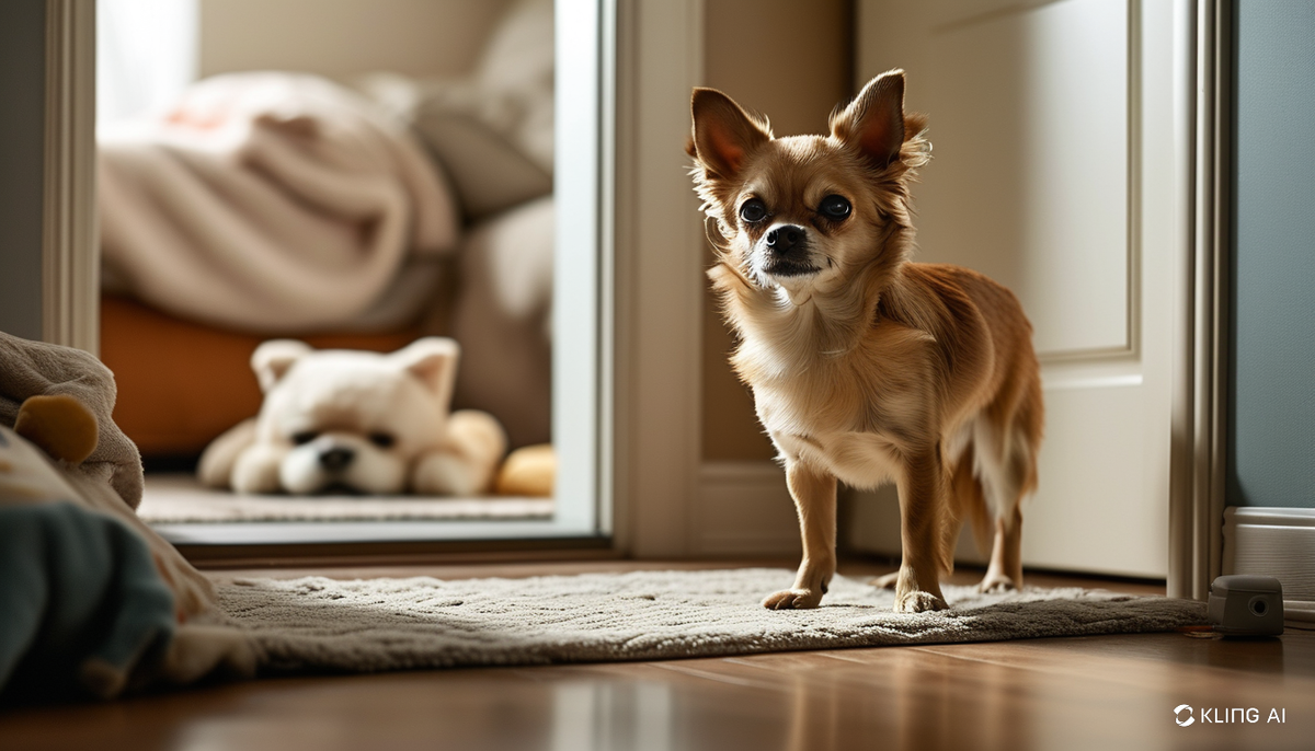 Create an image showcasing a worried Chihuahua next to an open front door, looking distressed. Include calming elements like a cozy bed, toys, and a comforting scent diffuser to convey overcoming separation anxiety.