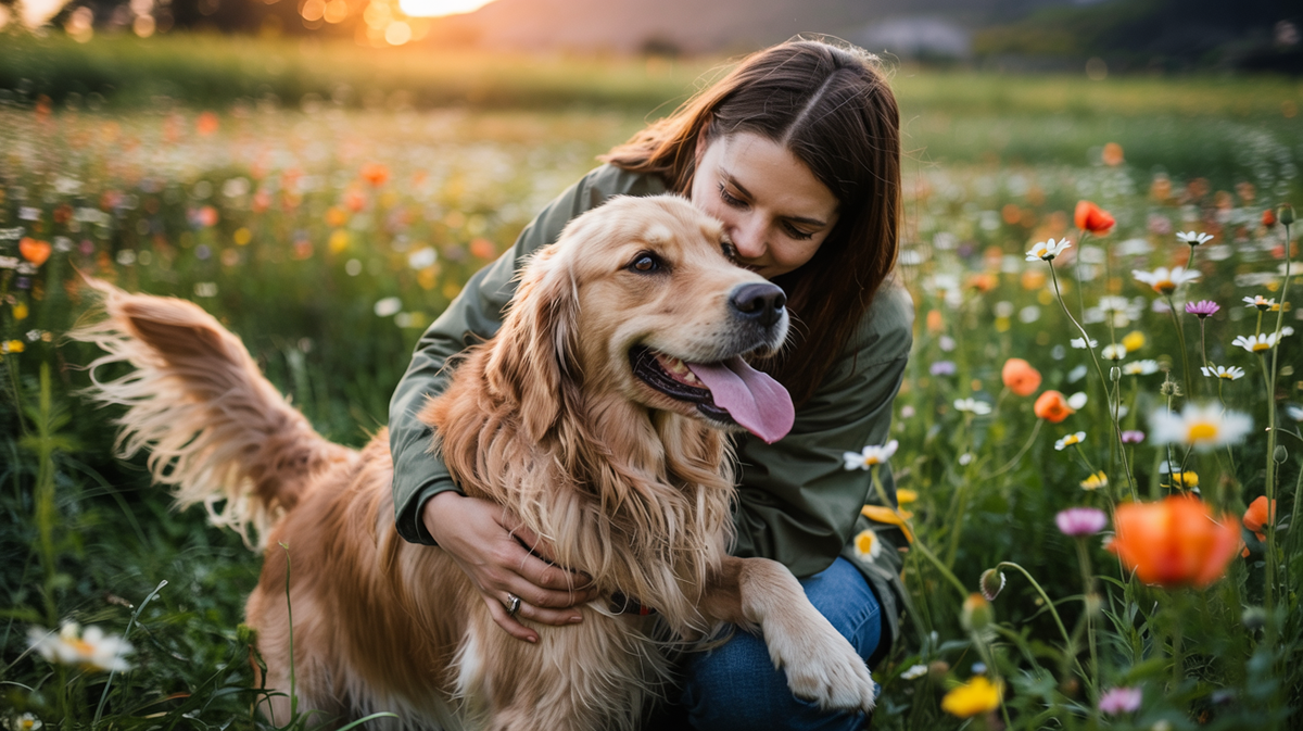 A golden retriever, fur glowing in the warm afternoon sun, is enveloped in the loving embrace of a person kneeling on vibrant green grass. Their arms wrap around the dog, whose tail wags joyfully, tongue lolling in pure bliss. In the background, a kaleido
