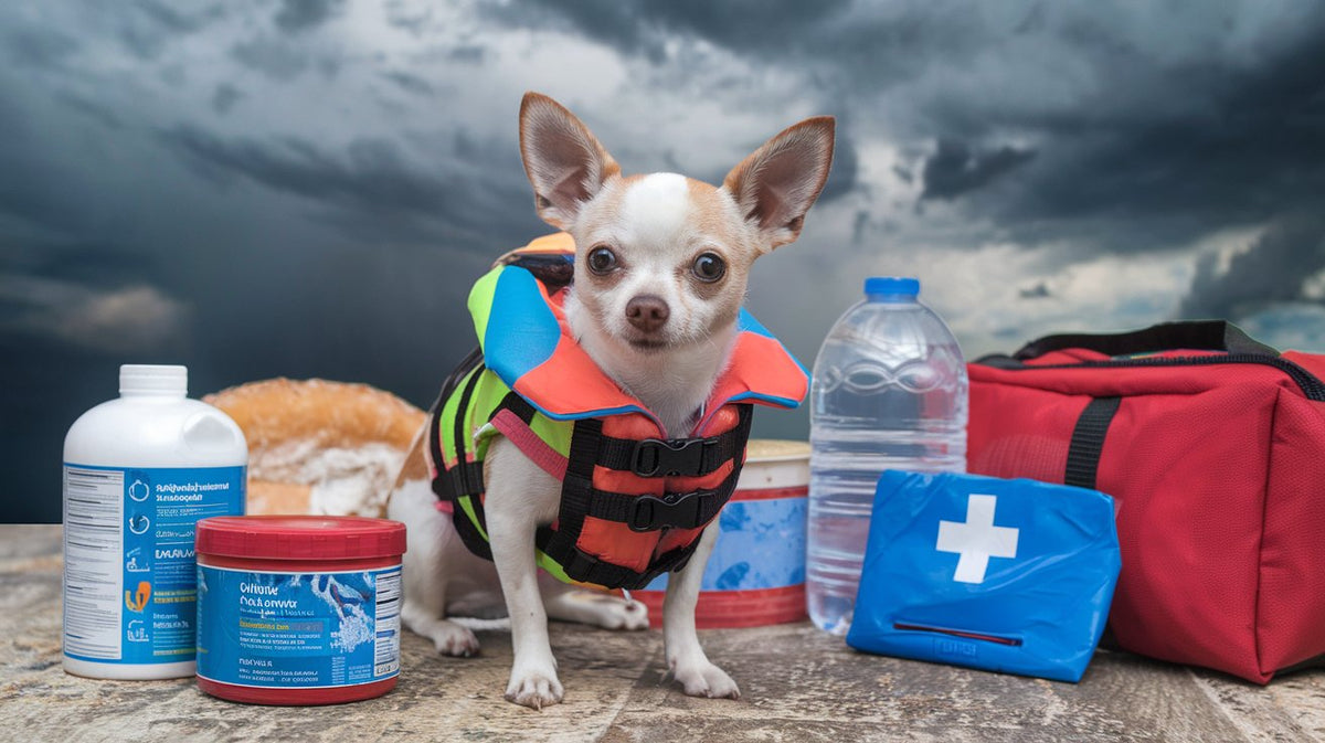 : Create an image of a tiny chihuahua wearing a colorful life jacket, surrounded by essential hurricane supplies like dog food, water bottles, and a first aid kit, against a backdrop of stormy clouds.