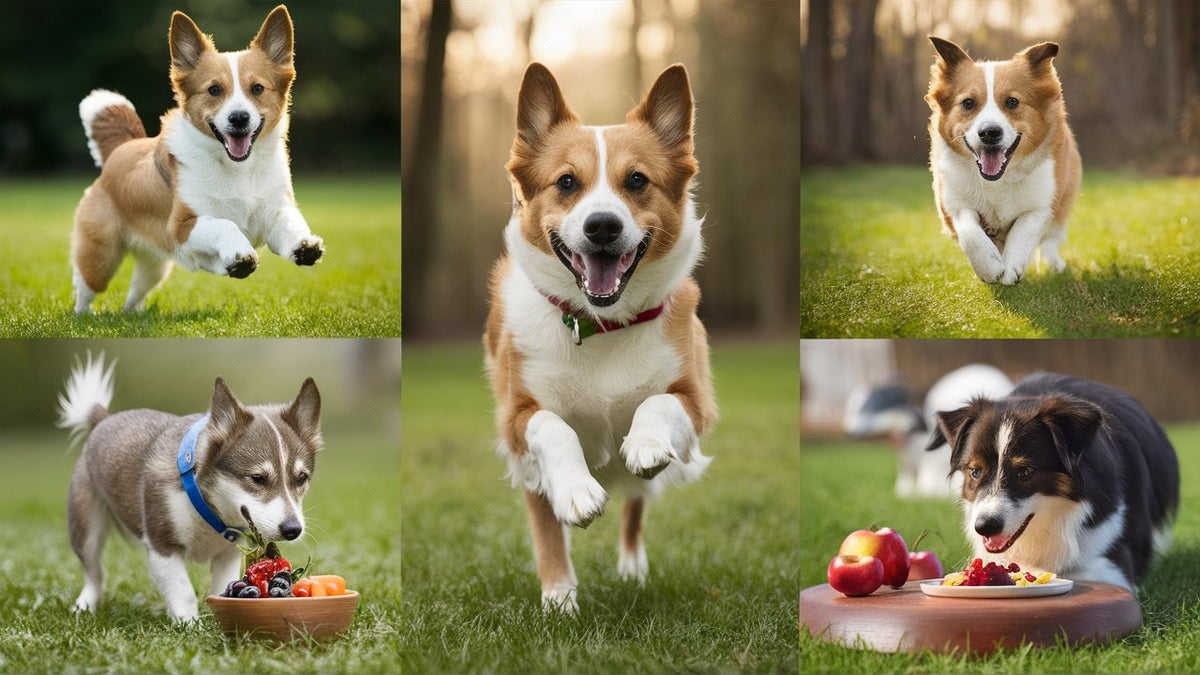Create an image featuring a happy, energetic dog engaging in various activities like running, playing, and eating a balanced diet of fruits, vegetables, and lean proteins to illustrate healthy weight management.