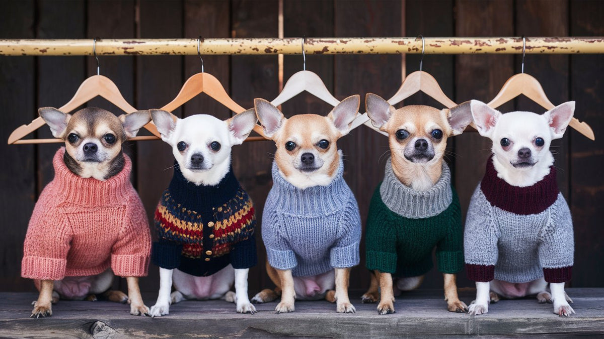 imagine prompt:Create an image of a cozy, hand-knit Chihuahua sweater collection displayed on rustic wooden hangers, showcasing various colors, patterns, and textures.