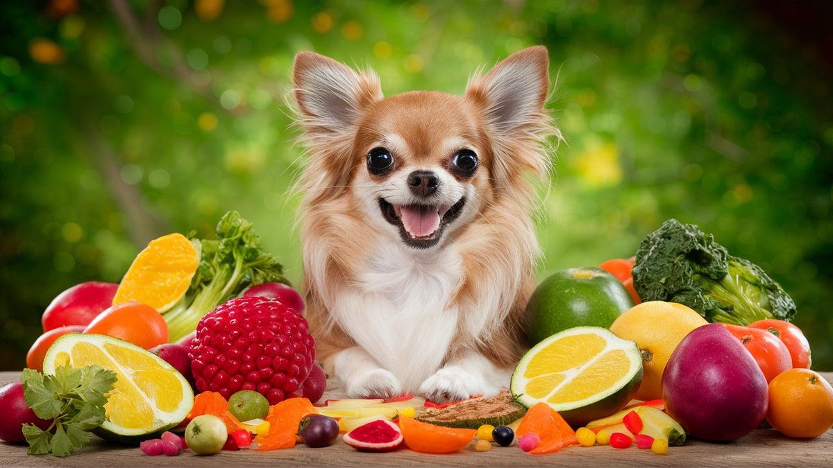 Create an image of a happy, vibrant adult Chihuahua surrounded by a variety of colorful fruits and vegetables, showcasing a balanced diet rich in vitamins for optimal health.