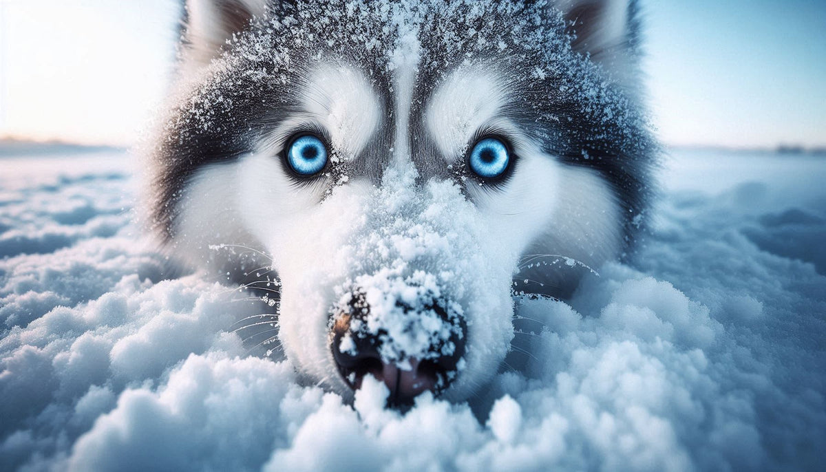 Capture a close-up shot of a Siberian Husky with crystal blue eyes, surrounded by a blanket of freshly fallen snow. The dog's thick fur glistens with frost, steam rising from its breath as it playfully buries its nose in the powdery white fluff. Show the
