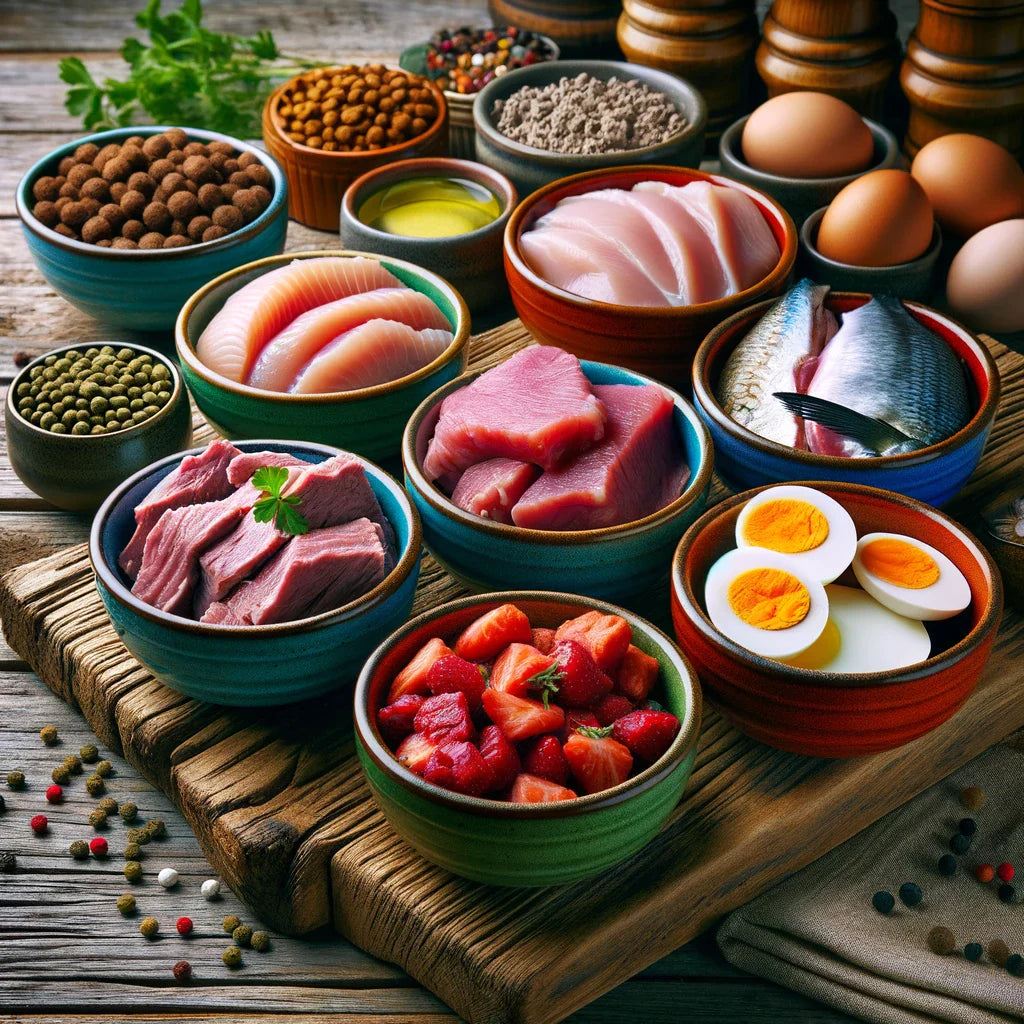An image of a variety of protein sources for adult Chihuahuas, such as lean chicken, turkey, beef, fish, and eggs, displayed in colorful bowls on a wooden surface