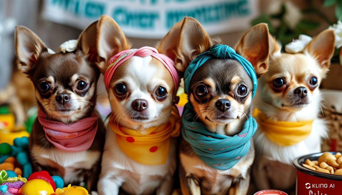 A close-up photograph captures a group of adorable Chihuahuas wearing colorful bandanas, surrounded by a variety of vibrant toys and treats. Each tiny dog exudes charm and personality, their big, expressive eyes reflecting hope and gratitude. The soft fur