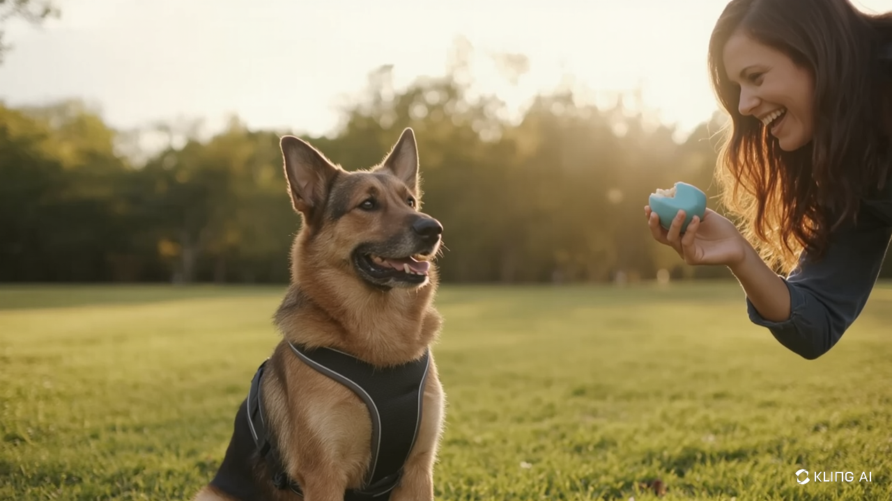 A focused dog with attentive eyes and perked ears sits eagerly in an open field, its fur gently ruffled by the breeze, wearing a secure yet comfortable harness. The dog's owner, partially visible, stands a few feet away with an inviting posture, holding a