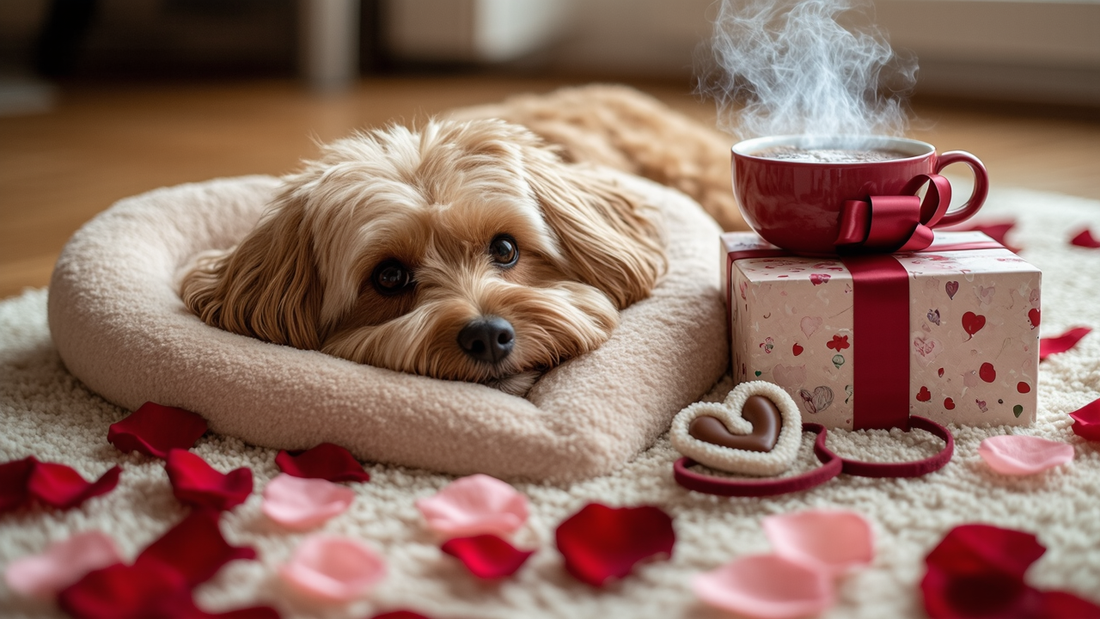A heart-shaped dog bed, plush and inviting, sits on a soft pastel rug scattered with red and pink rose petals. Nearby, a beautifully wrapped gift box, adorned with a satin bow, reveals a squeaky toy shaped like a heart. A matching set of dog-themed Valent