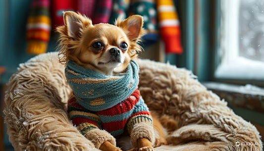 A photorealistic image of a fashionable Chihuahua dressed in a cozy, stylish winter sweater and a cute scarf, sitting proudly on a plush chair in a warmly lit living room. The scene includes a small rack of dog-sized winter apparel in the background, feat