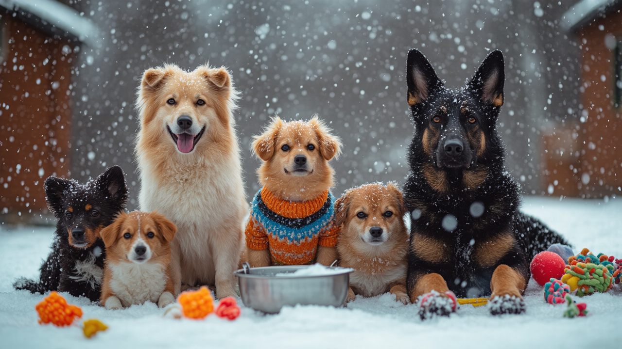 Capture a snowy scene with a fluffy dog wearing a red insulated jacket, waterproof booties, and a reflective collar. Show the dog playfully rolling in the snow, with a leash attached to a sturdy harness. Include a background of snow-covered trees and a cl