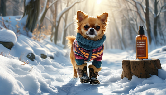 Create a photorealistic illustration of a Chihuahua walking on a snow-covered path, wearing stylish and protective booties to shield its paws from the cold. The Chihuahua should also be dressed in a cozy, colorful sweater for added warmth. Nearby, display