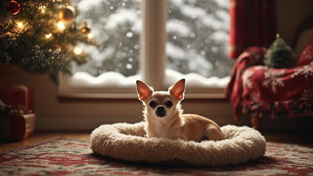 Create a photorealistic image of a cozy living room where a Chihuahua is safely exploring. The room features warm lighting, a soft dog bed, and a plush rug. Winter hazards are clearly addressed: a space heater is securely placed with a protective screen, 