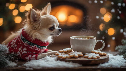 Create an image featuring a cozy winter scene with a Chihuahua enjoying a homemade pup-friendly snowflake cookie, a cup of warm bone broth, and a festive holiday sweater. 