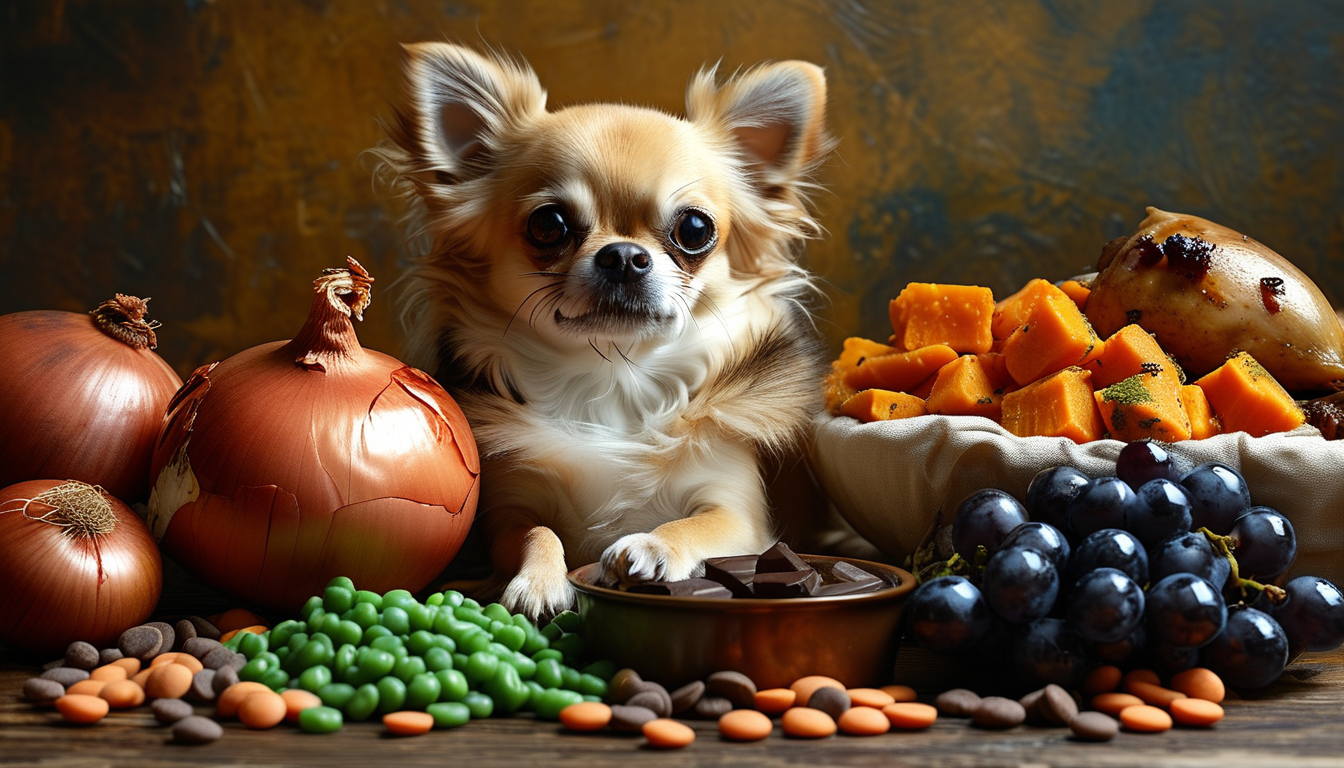 Create an image of a Chihuahua surrounded by harmful foods like grapes, onions, and chocolate, with a bowl of safe treats like cooked turkey, sweet potatoes, and green beans nearby.