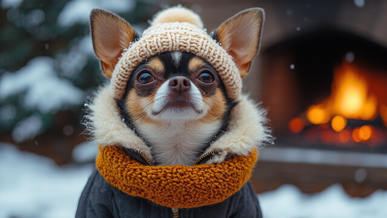 Create an image showcasing a Chihuahua wearing a cozy sweater, insulated booties, a fleece-lined jacket, a knitted hat, and a stylish scarf, with a backdrop of snowy trees and a warm fireplace.