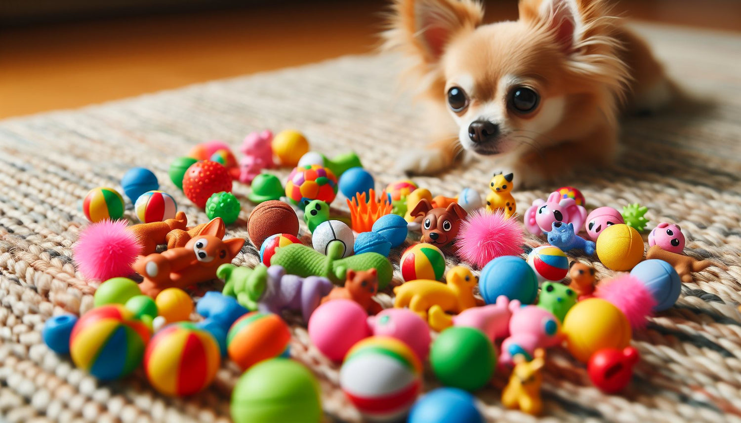 Create an image of a collection of colorful, miniature fetch toys scattered on the floor, with a tiny Chihuahua eagerly playing with one in the background.