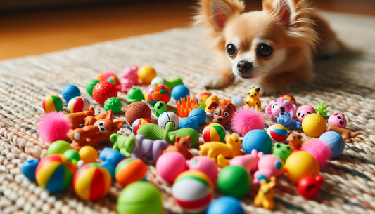 Create an image of a collection of colorful, miniature fetch toys scattered on the floor, with a tiny Chihuahua eagerly playing with one in the background.