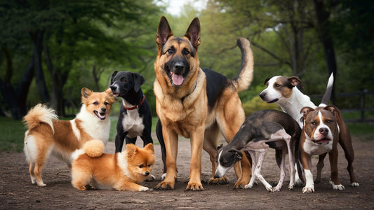 Create an image showing a group of dogs in various sizes and breeds interacting. One dog should display dominant body language, while others exhibit submissive postures, illustrating pack dynamics influenced by the alpha dog