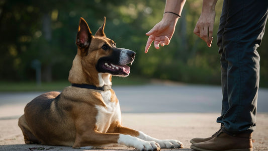 Create an image of a dog sitting attentively with ears perked up as its owner gives clear, concise verbal commands. Show the dog responding obediently with focused eyes and a relaxed body posture