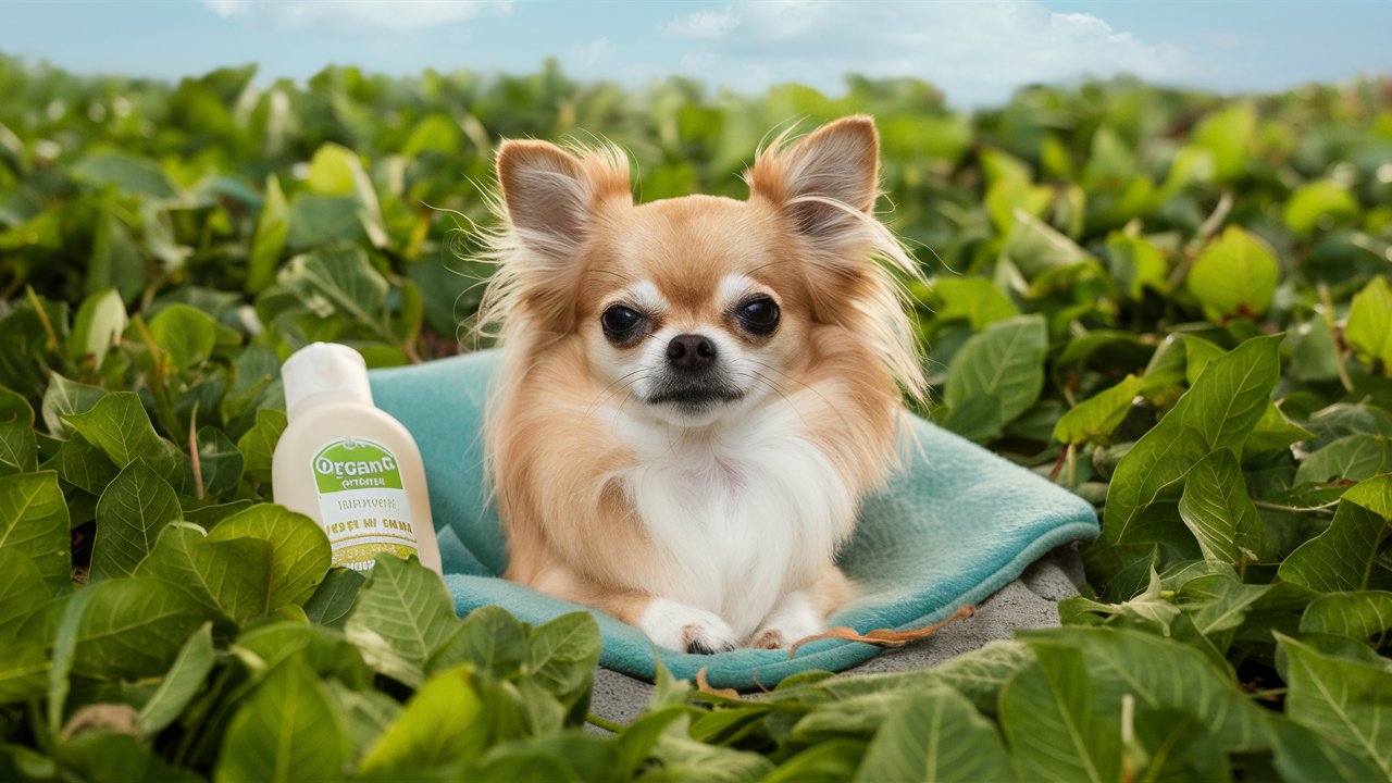 Create an image of a fluffy Chihuahua with a serene expression, surrounded by vibrant green leaves and a bottle of organic shampoo. The dog's skin looks healthy and calm. 