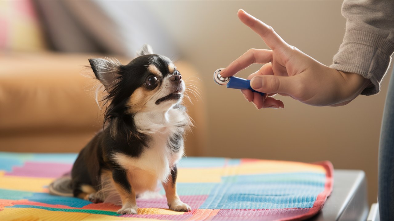 Create an image of a Chihuahua sitting on a colorful mat, with a clicker in the owner's hand. The owner's finger is poised to press the clicker as the dog looks up attentively