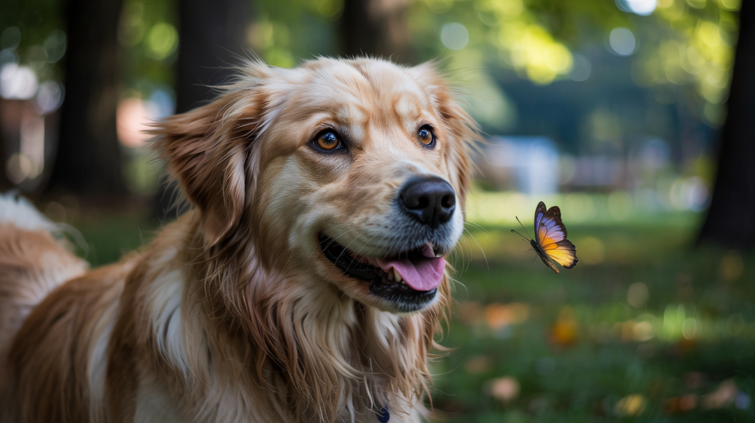 A close-up shot captures a playful golden retriever, its fur a vibrant blend of warm golds and soft whites. The background fades into a muted palette of greens and browns, suggesting a serene park setting. The dog's deep, expressive eyes reflect a world b