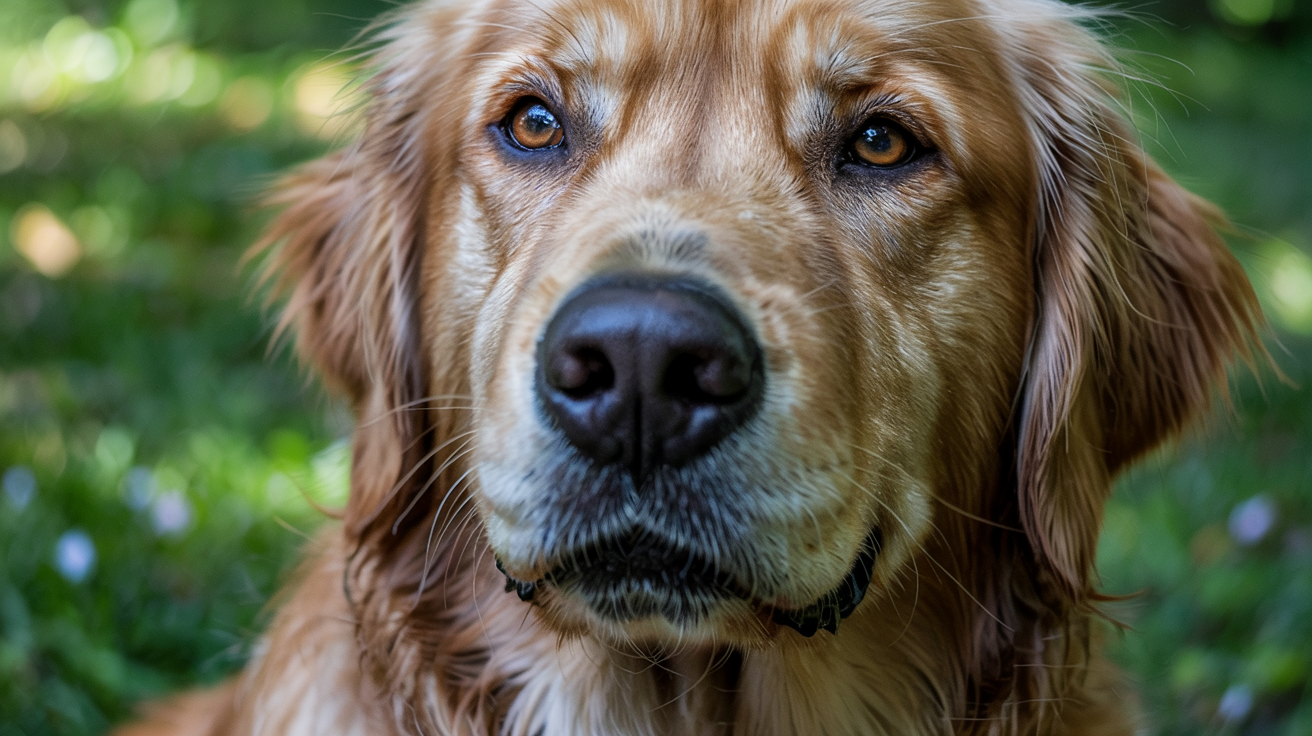 A close-up shot captures the intricate details of a golden retriever's nose, showcasing its unique patterns and textures. The glossy black surface glistens under soft, natural light, revealing tiny ridges and swirls that form an unmistakable canine finger