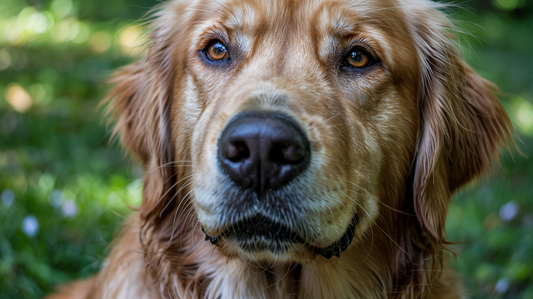 A close-up shot captures the intricate details of a golden retriever's nose, showcasing its unique patterns and textures. The glossy black surface glistens under soft, natural light, revealing tiny ridges and swirls that form an unmistakable canine finger