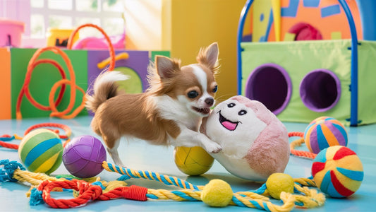 Create an image of a Chihuahua playing with a variety of toys like balls, ropes, and squeaky toys in a bright, colorful room filled with stimulating activities. 