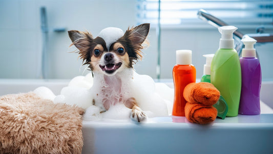 Create an image of a chihuahua getting a bath in a brightly lit bathroom with colorful bottles of dog shampoo and a fluffy towel nearby. Capture the small dog looking clean and happy. 