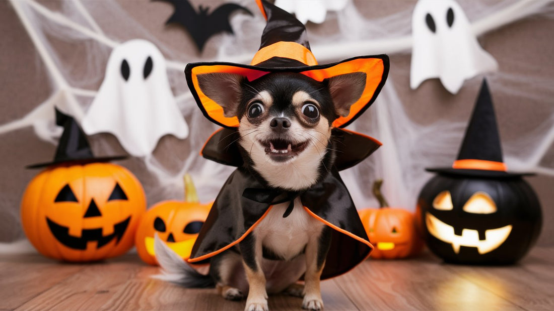 Create an image featuring a Chihuahua wearing a spooky ghost costume with a floating white sheet, a vibrant pumpkin outfit with a cute stem hat, and a fierce superhero cape with a mask