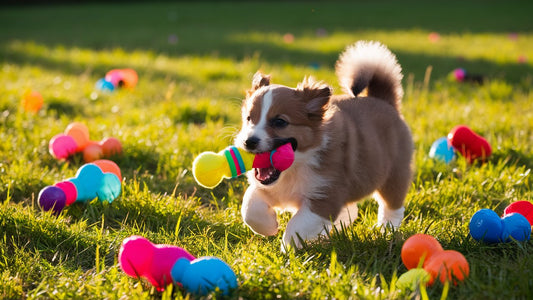 Create an image of a variety of colorful squeaky toys scattered across a grassy field, with a playful puppy happily grabbing one in its mouth. The sun is shining, capturing the joy of energetic pups at play