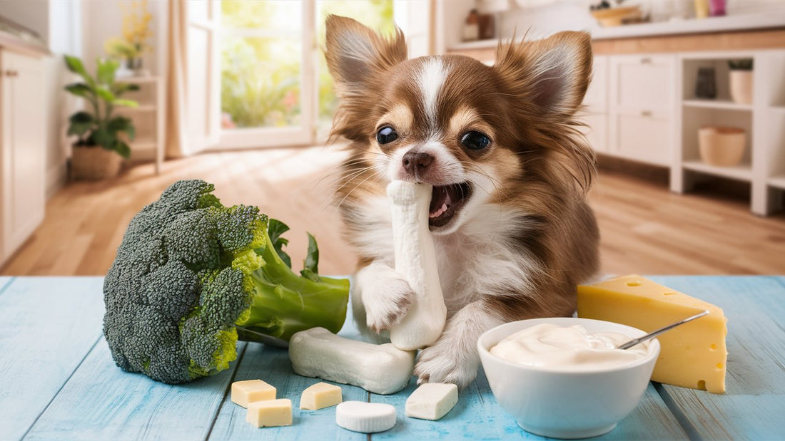 A small Chihuahua happily chewing on a bone-shaped calcium supplement, surrounded by various calcium-rich foods like broccoli, cheese, and yogurt. 
