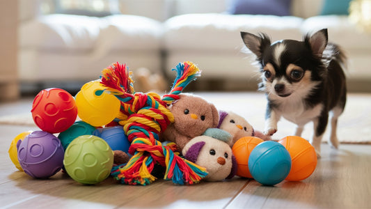 Create an image showcasing a variety of small, colorful, and durable toys such as mini squeaky balls, tiny rope toys, and soft plushies perfect for tiny Chihuahuas.