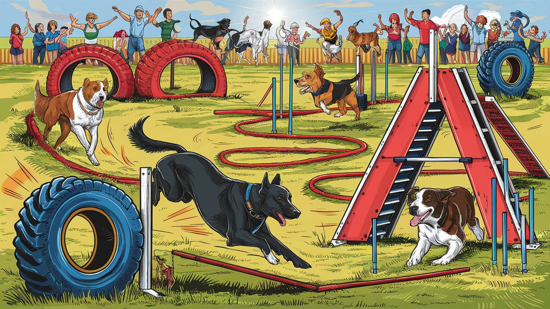 Create an image showcasing a variety of top dog agility jumping exercises, such as tire jumps, weave poles, and A-frames, to illustrate an authentic FAQ blog post.