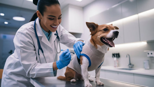 Create an image showcasing a veterinarian administering yearly dog vaccinations in a clean and modern clinic setting. Include a happy and healthy dog receiving the vaccine with a caring vet.