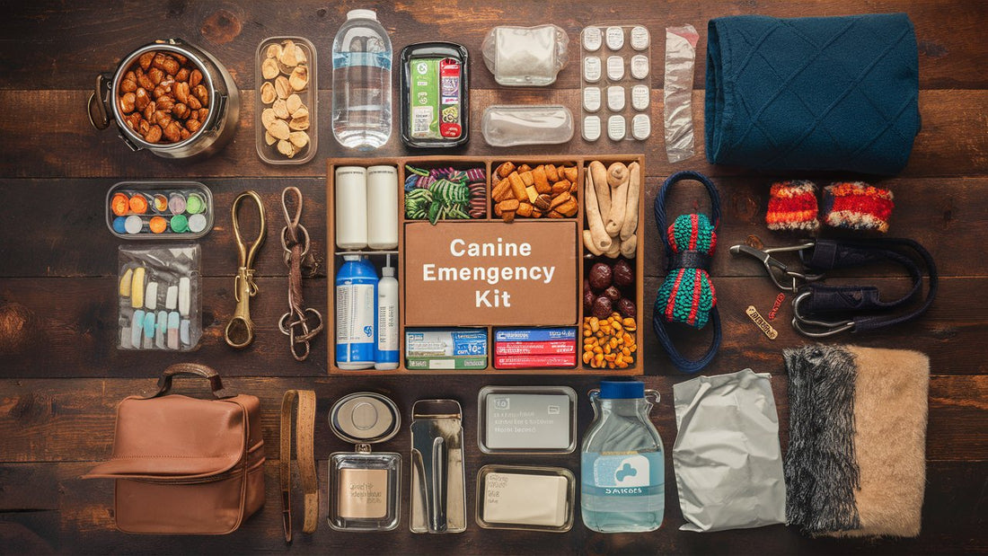 A well-organized dog emergency kit with food, water, first aid supplies, medications, leash, collar, toys, blanket, waste bags, and ID tags, all neatly arranged on a wooden table, ready for any emergency. 