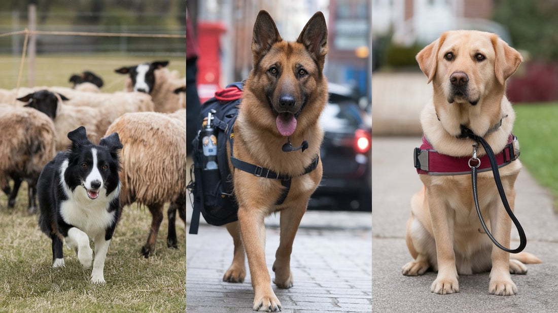 Create an image showcasing a variety of intelligent working dog breeds in action, such as Border Collies herding sheep, German Shepherds performing search and rescue, and Labrador Retrievers assisting in service tasks. 