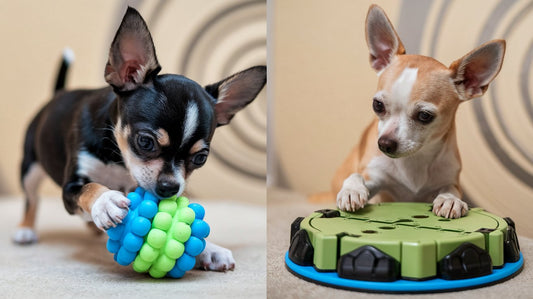 Create an image of a Chihuahua puppy playing with a soft chew toy, followed by an adult Chihuahua playing with a puzzle feeder toy. Show the progression of age-appropriate toys for Chihuahuas.