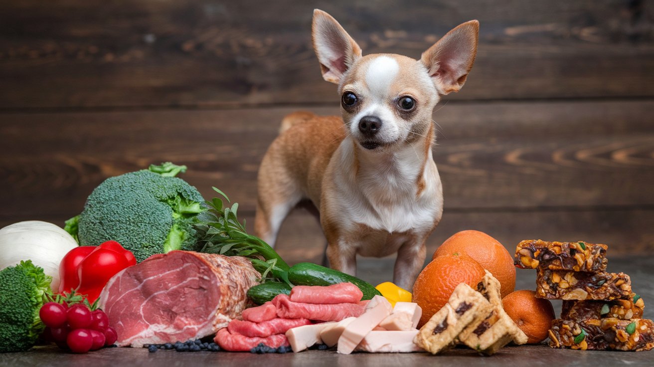 Create an image of a Chihuahua standing next to a variety of foods with different fat contents, including lean meats, vegetables, and high-fat treats. Show the Chihuahua looking healthy and happy. 
