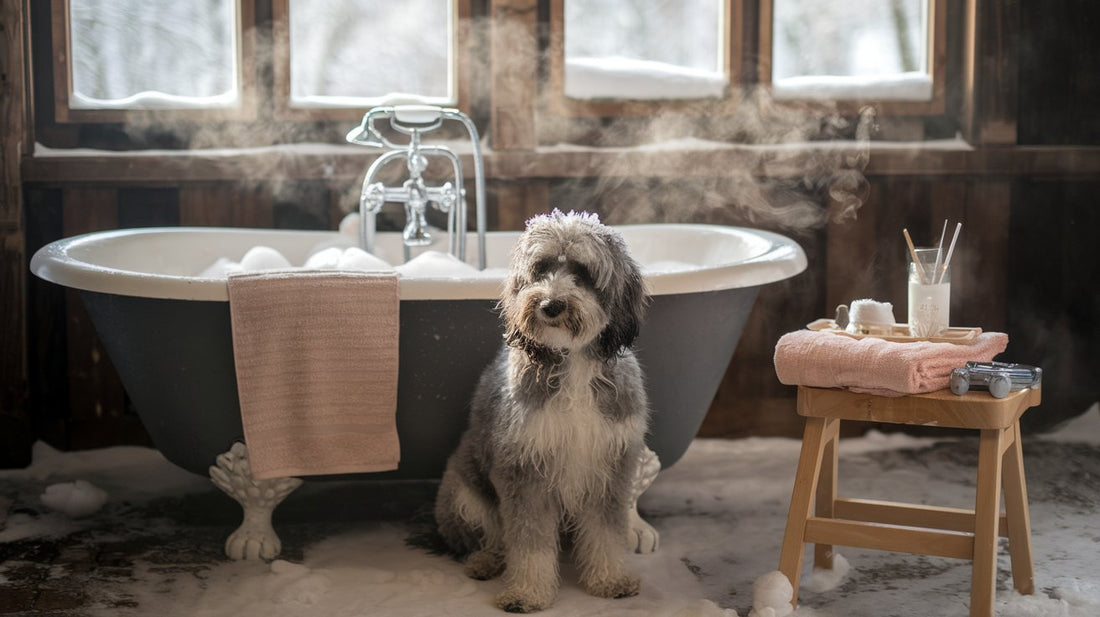 Capture a cozy winter scene in a rustic bathroom with a fluffy dog sitting next to a bathtub filled with bubbles. The steam from the hot water mixes with the cold air outside, creating a dreamy atmosphere. The dog's fur is covered in snowflakes, challengi
