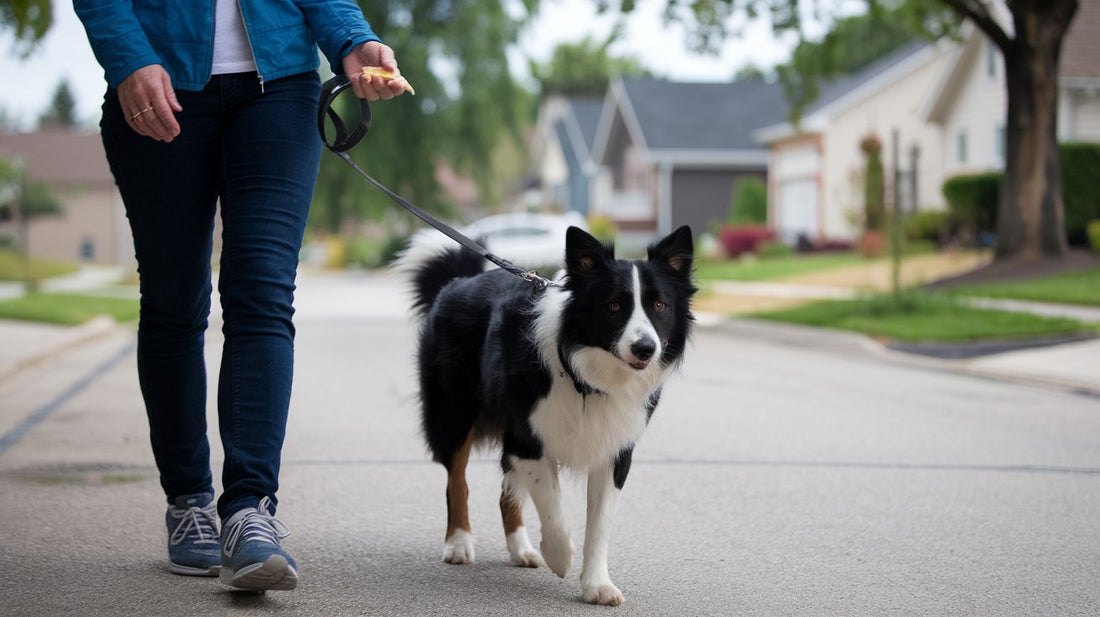 Create an image of a dog on a walk with a handler holding a treat at a distance, practicing impulse control. The dog should be focused, calm, and resisting the urge to pull towards the treat. 