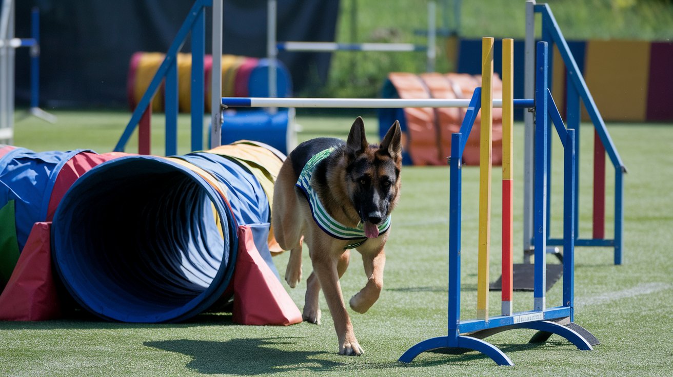 Create an image of a German Shepherd swiftly navigating through a series of agility obstacles like tunnels, jumps, and weave poles in a spacious outdoor agility course.