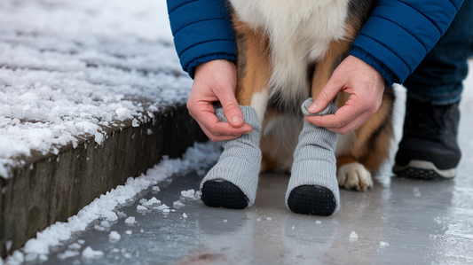 Capture a close-up shot of a person gently wrapping their dog's paws in protective booties, with a background showing icy sidewalks and scattered salt crystals. The dog's fur stands out against the cold, while the owner's hands show care and attention. Th