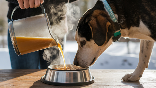 A close-up photograph of a person pouring warm, homemade bone broth into a dog's food bowl. The steam rises from the bowl, creating a cozy and inviting atmosphere. In the background, a snowy landscape hints at the winter season. The dog eagerly sniffs the