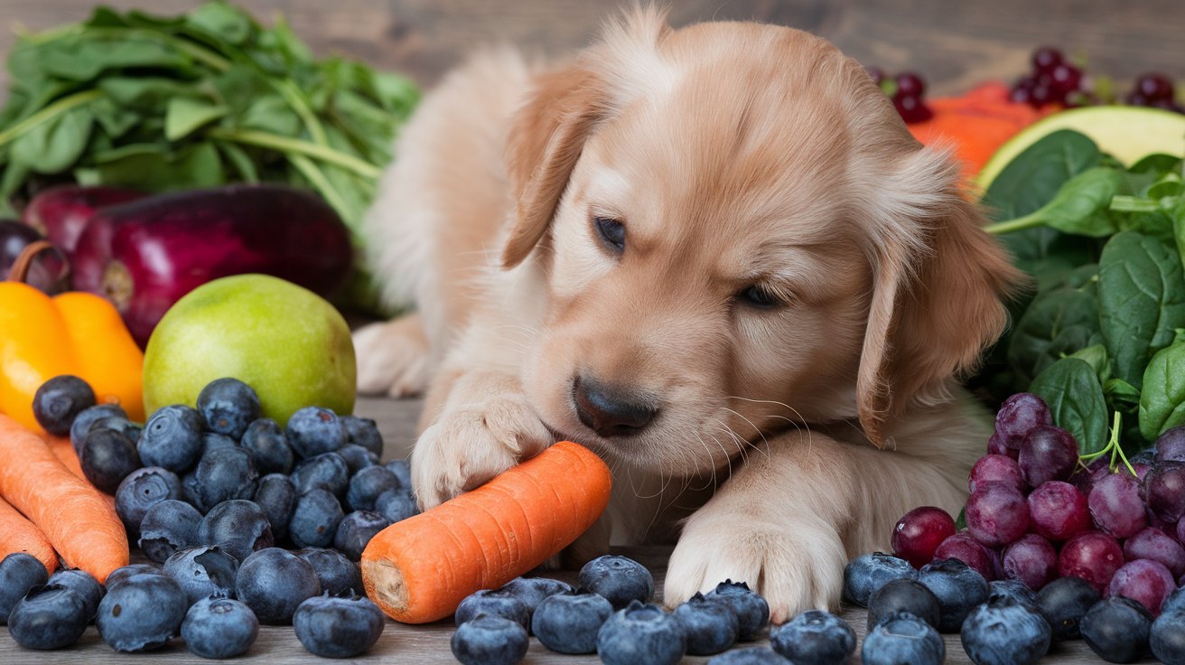 Create an image of a playful puppy surrounded by a variety of colorful fruits and vegetables like carrots, blueberries, and spinach to visually represent essential vitamins for healthy puppy growth. 