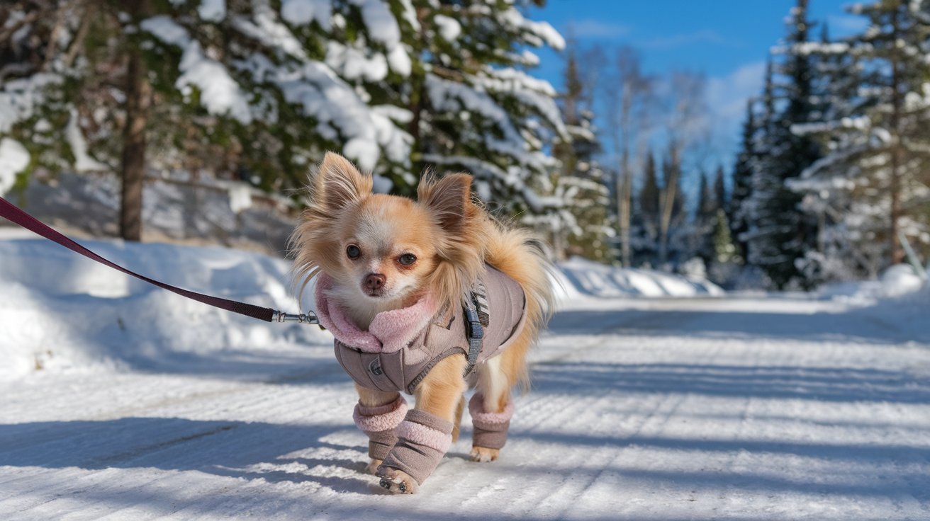 Create an image showing a small, fluffy Chihuahua wearing a warm winter coat and booties, walking on a snowy path with a leash, surrounded by snow-covered trees and a clear blue sky.