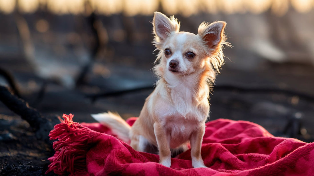 The photograph captures a small, sandy-colored Chihuahua with soulful eyes, perched on a vibrant red blanket amidst charred, blackened landscape remnants. Wisps of smoke curl in the background, contrasting sharply with the dog's delicate features, accentu