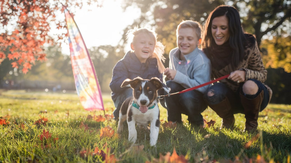 A sunlit park scene captures a joyful moment as a family kneels beside a playful puppy, its fur glistening in the golden hour. The backdrop showcases vibrant autumn leaves, while children giggle, their faces radiating pure delight. Nearby, a gentle breeze