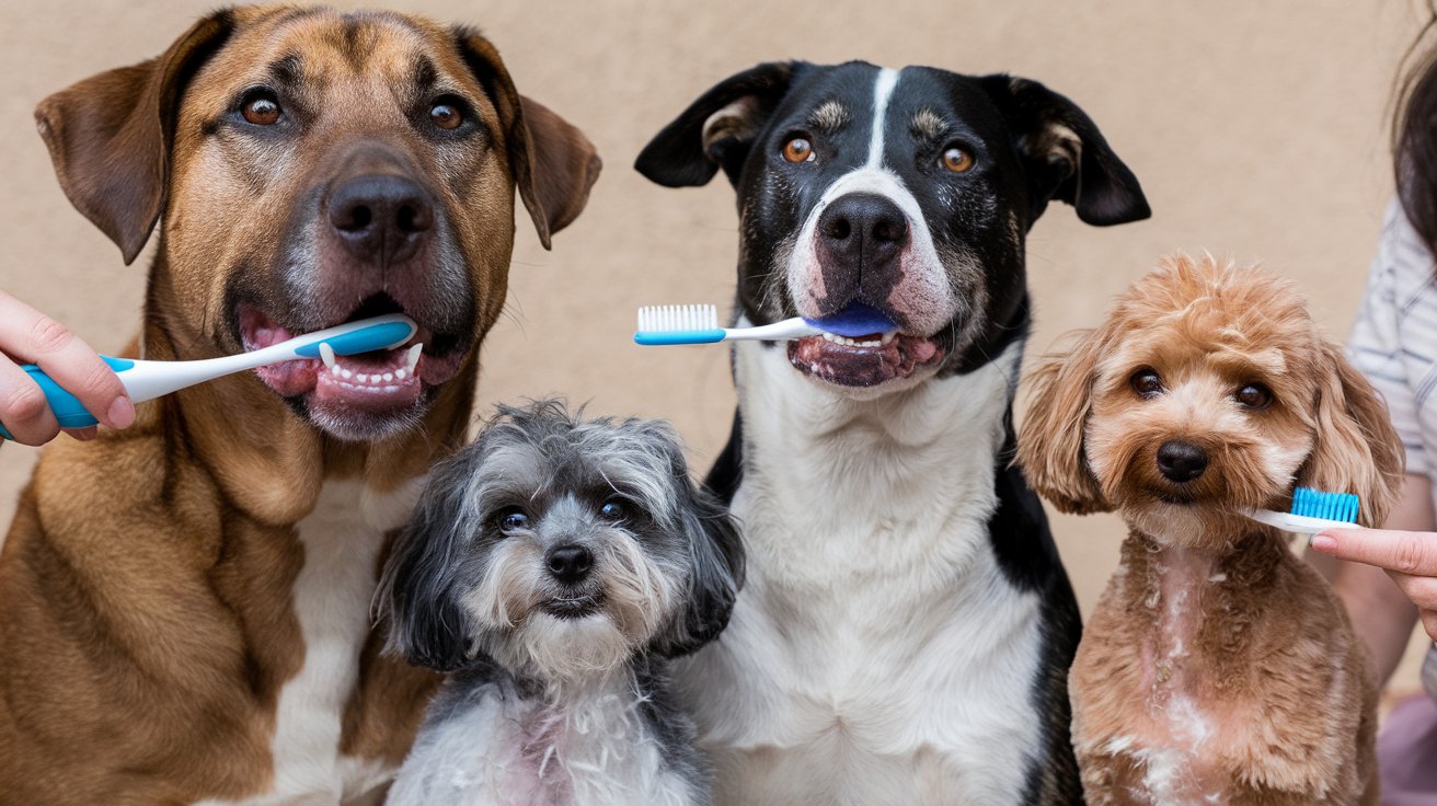 Create an image showing a variety of dog breeds enjoying teeth brushing with their owners. Include different sizes and colors of toothbrushes and toothpaste to illustrate the effectiveness of regular brushing.
