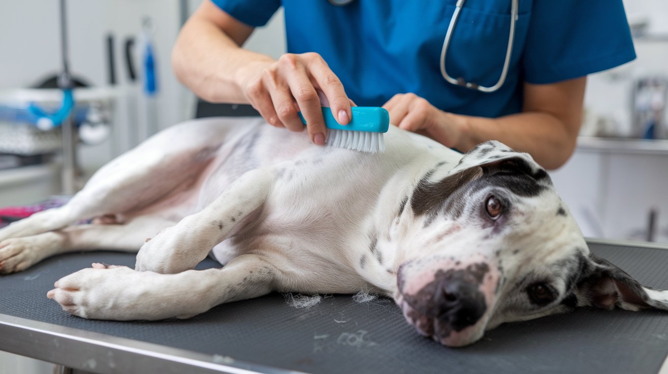 Create an image showing a senior dog receiving gentle grooming, a veterinarian check-up, dental care, and daily walks in a peaceful park setting to illustrate essential preventive care tips for senior dogs. 